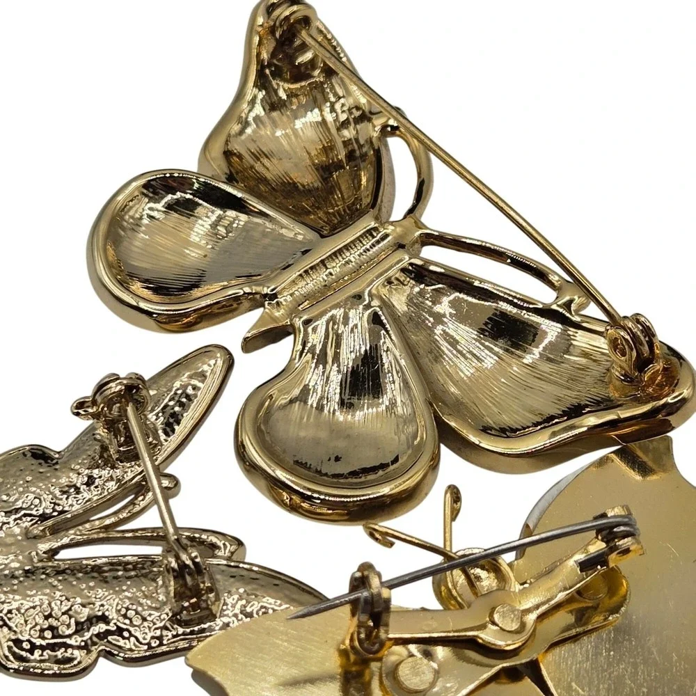VTG Brooch 3PC Cottagecore Boho Butterflies Gold Silver Tone Sparkle Set Figural